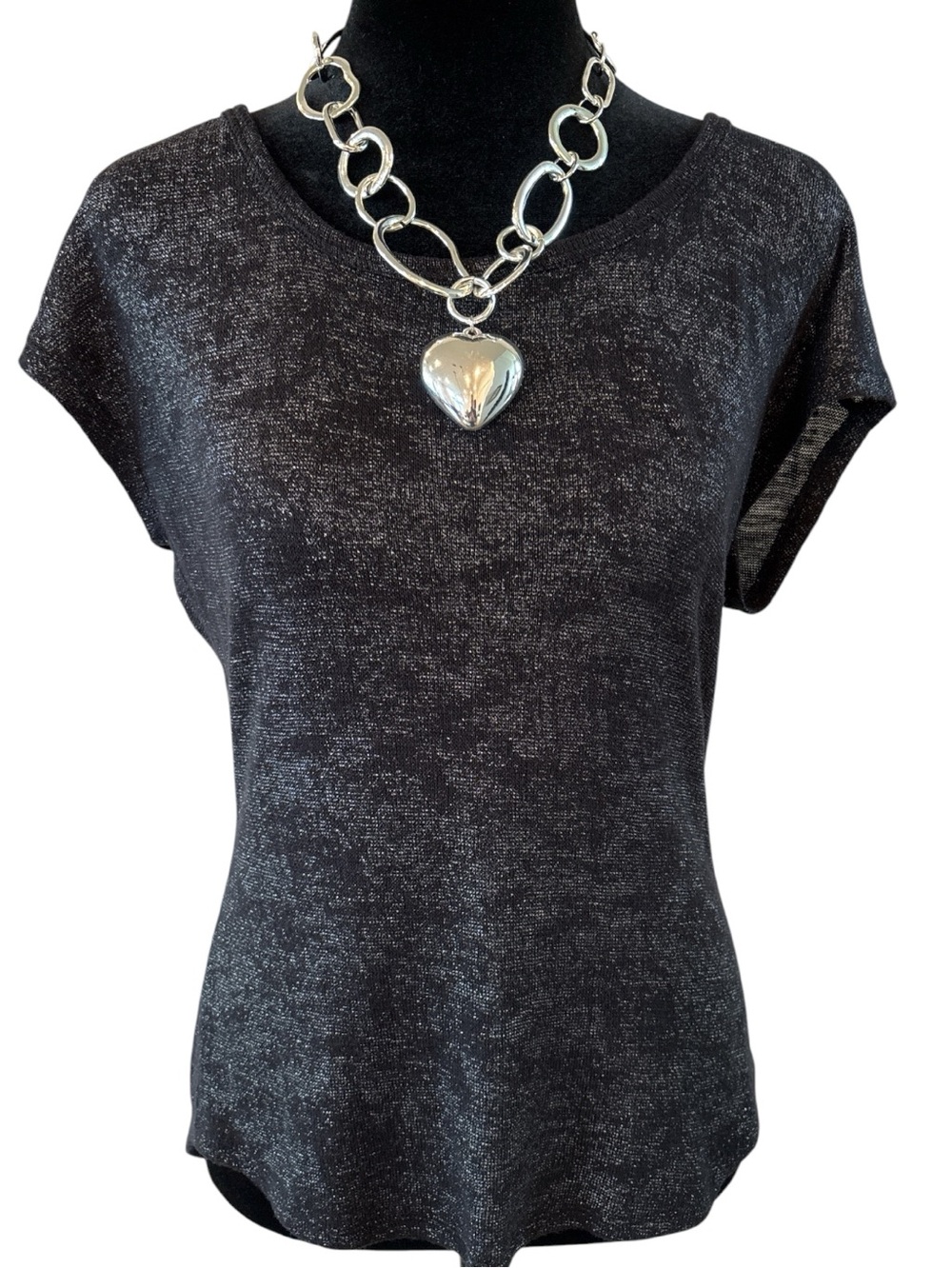 a.n.a Black Metallic Knit Short Sleeve T-Shirt